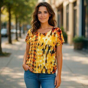 JOSEPH A Geometric Yellow Pullover Scoop Neck Short Sleeve Knit Sweater Size XL